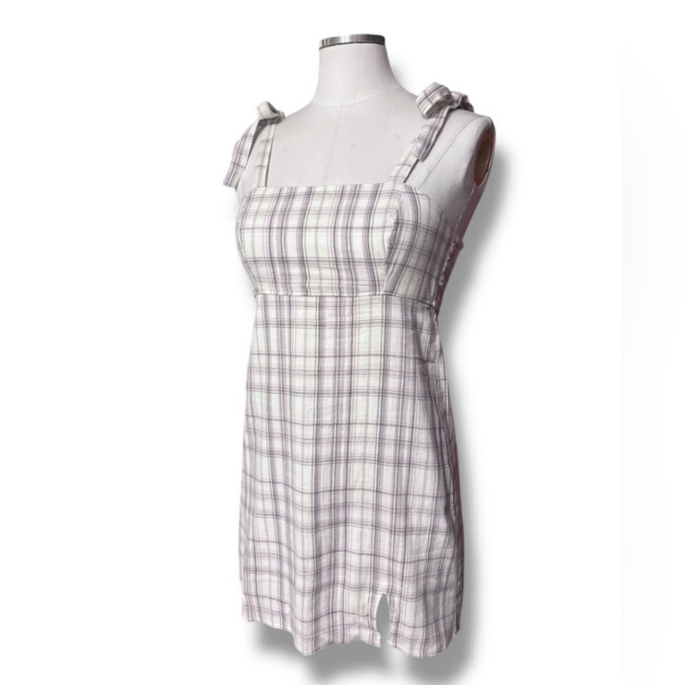 HOLLISTER Pink & Grey Plaid Tie Shoulder Linen Blend Mini Dress